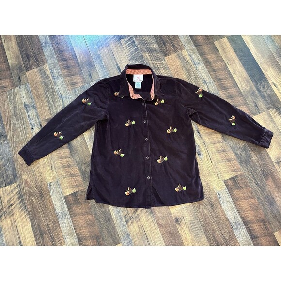 Quacker Factory Corduroy Embroidered Fall Leaves Button Up Top Women Size Medium - Picture 1 of 8